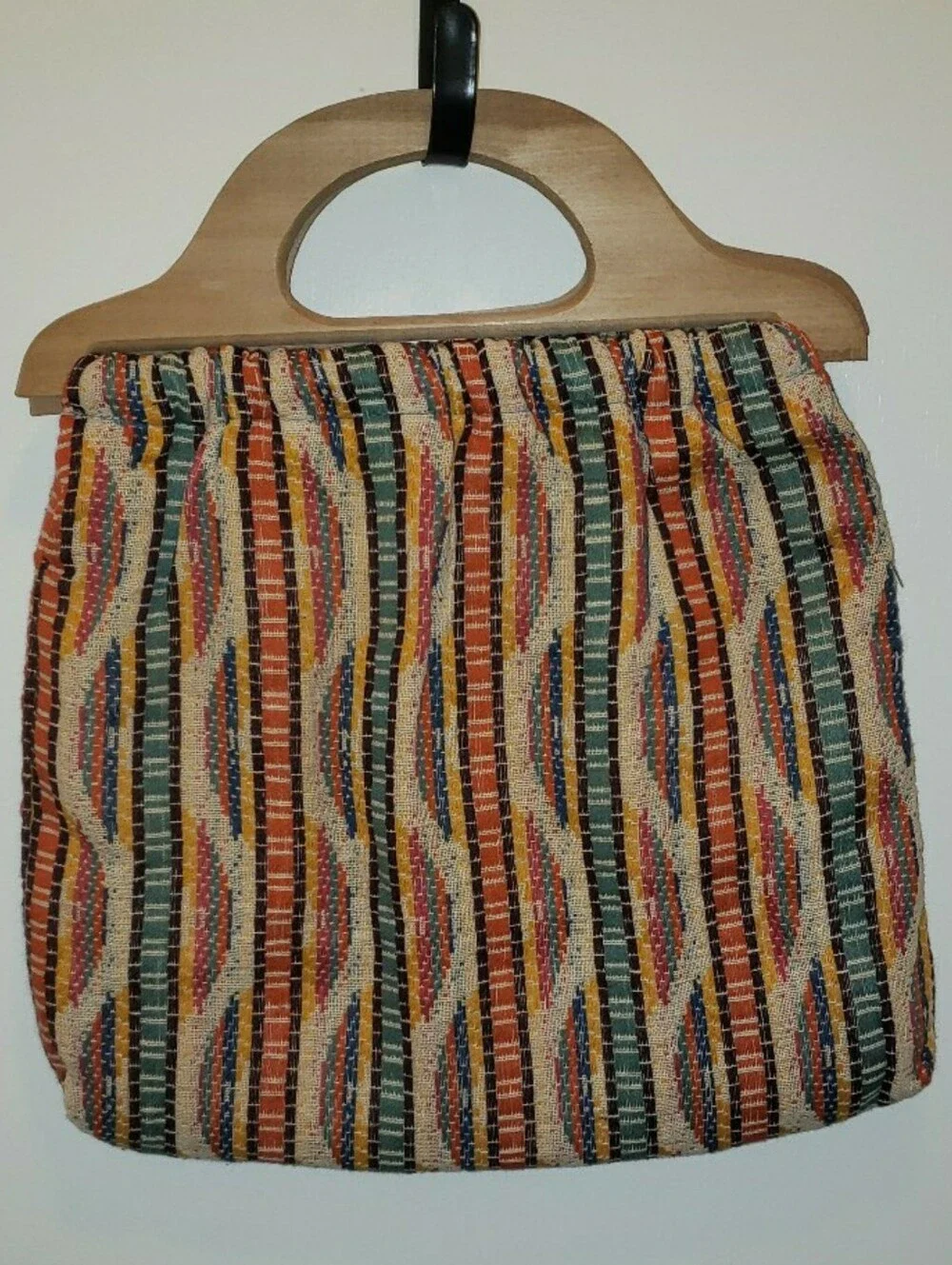 Vintage Mid-Century Hand Bag With Wooden Handles